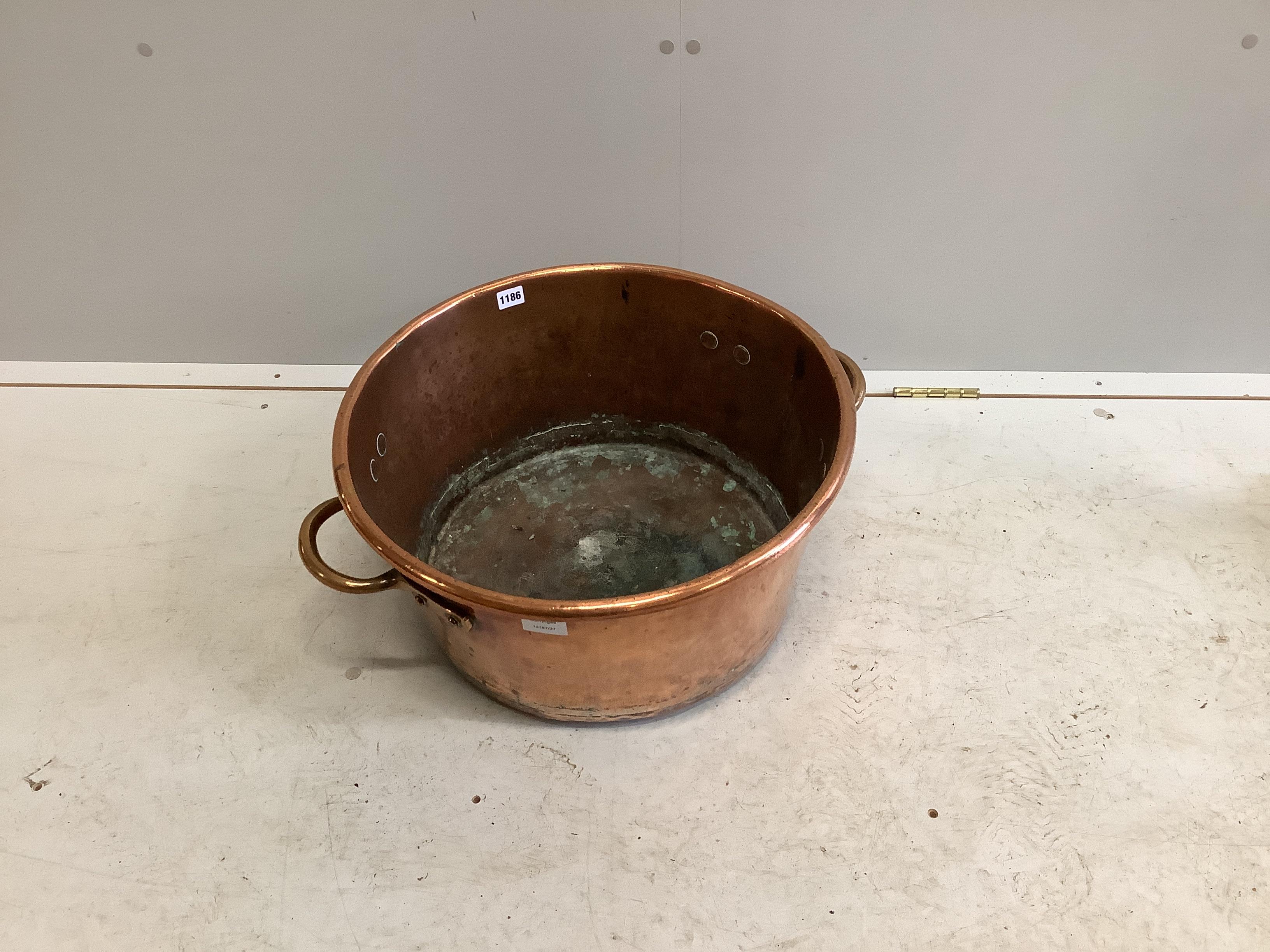 A large Victorian copper two handled preserve pan, diameter 51cm